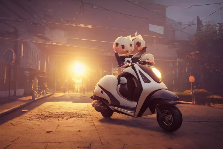 Image similar to scooter with bunch of dumplings, trending on artstation, unreal engine 5, volumetric light