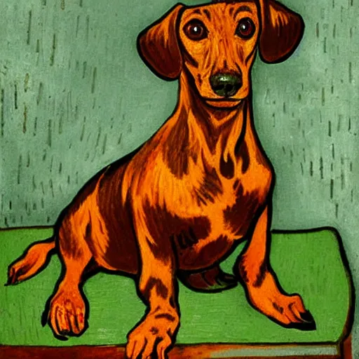 Image similar to Portrait of a dachshund on a chair, painted by Vincent Van Gogh