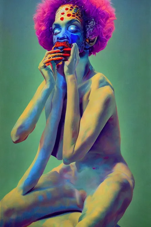 Prompt: a vibrant portrait of st vincent licking a tab of lsd acid on her tongue and dreaming psychedelic hallucinations, wearing an alexander mcqueen headdress, high fashion, by moebius, edward hopper and james gilleard, zdzislaw beksinski, steven outram hd, 8 k, artstation