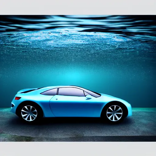 Image similar to hyperrealistic photo of a car underwater, 4 k, 8 k, thin film, full shot