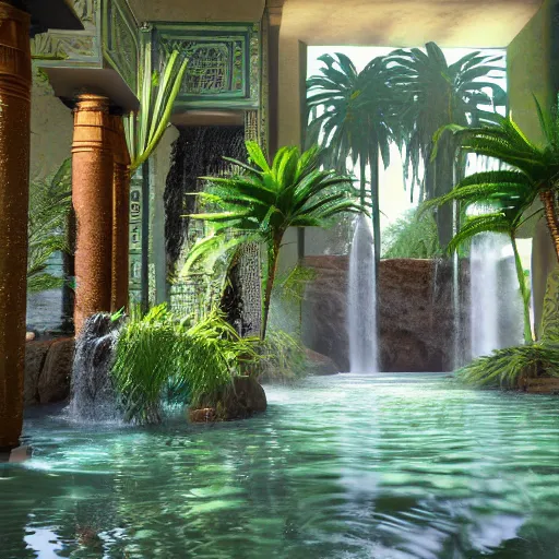 Image similar to waterfall,plants and palms in a ancient egyptian interior,3d render unreal engine