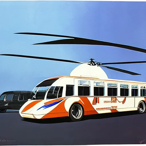 Image similar to concept art for bus + helicopter, painted by syd mead, high quality