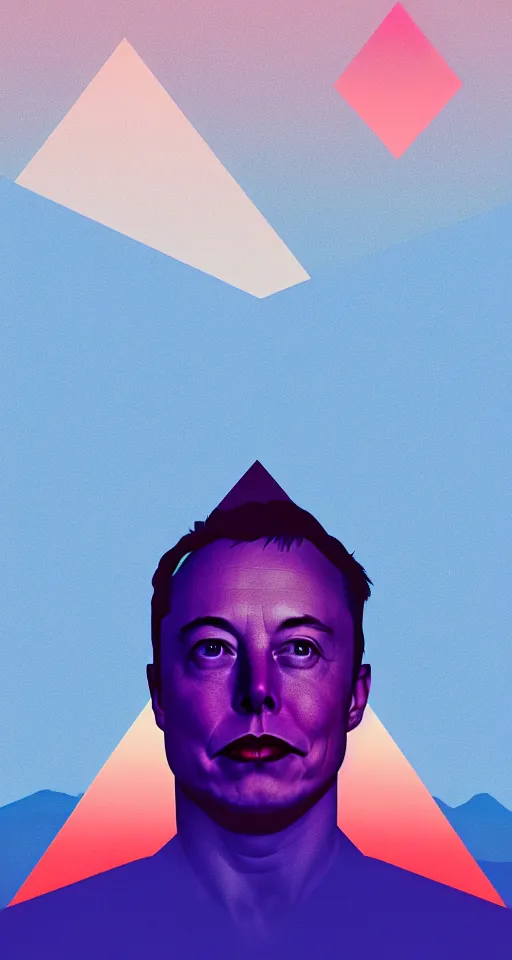 Image similar to portrait of elon musk as a geometric minimalist design, in the background there are isometric mountains with full moon behind the top, trending on artstation, cute digital art, monument valley