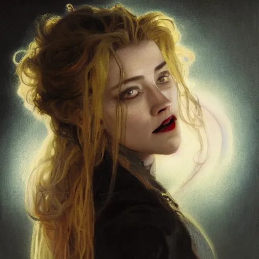 Image similar to hyperrealistic portrait of amber heard as a vampire witch in a black coat holding a human skull as a crystal ball. by jeremy mann and alphonse mucha, fantasy art, photo realistic, dynamic lighting, artstation, poster, volumetric lighting, very detailed faces, 4 k, award winning