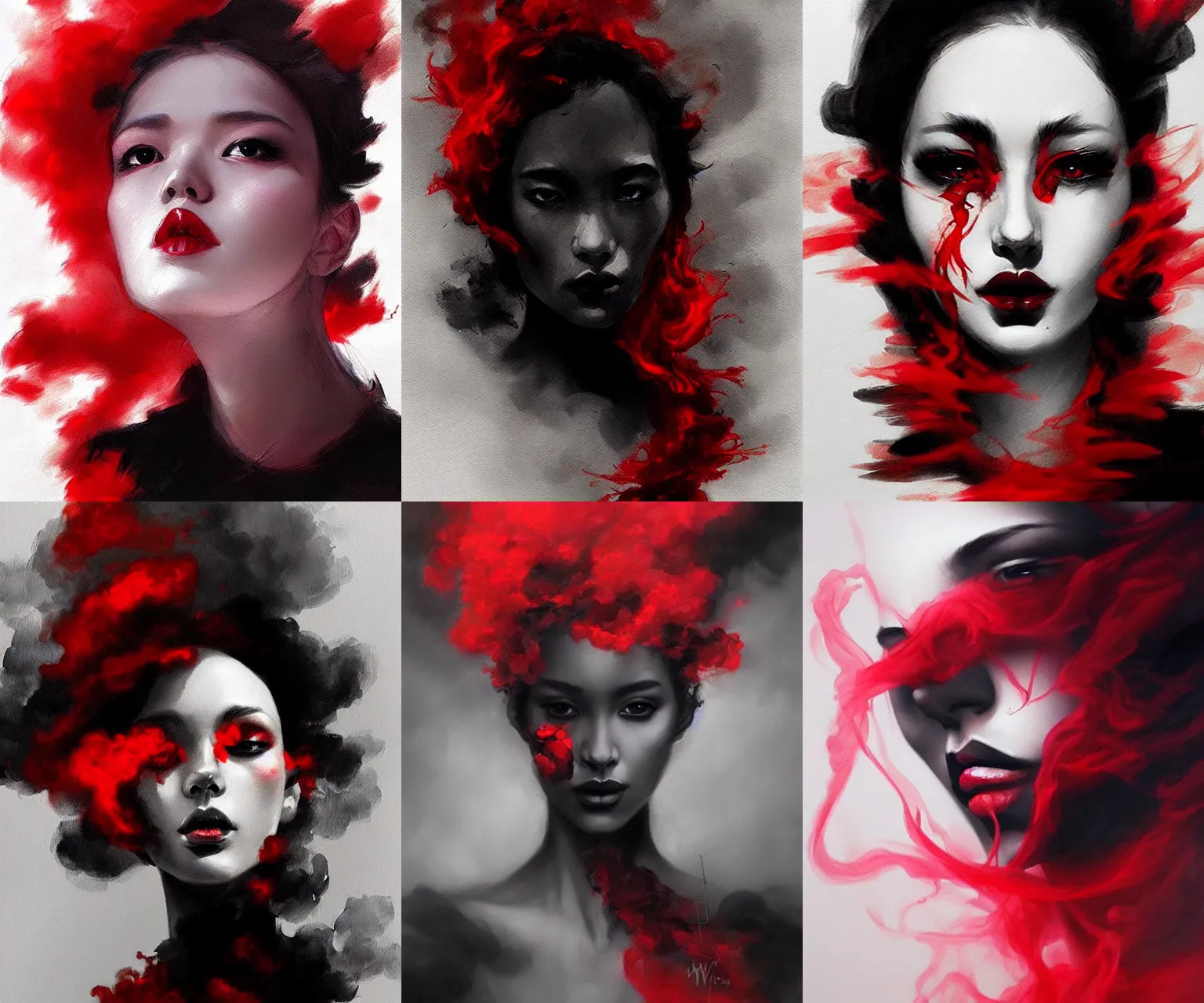 Prompt: black red ink smoke portrait, by WLOP and artgerm, tony sart, celestial painting, artstation