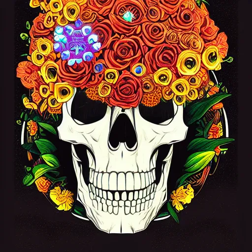 Image similar to ortographic view of a large skull with cybernetic modifications and vivid flowers by Jen Bartel and Dan Mumford and Satoshi Kon, gouache illustration