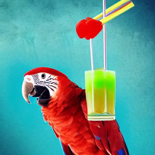 Prompt: A portrait photo of a parrot sipping a fruity drink through a straw, real photo , 8k, award