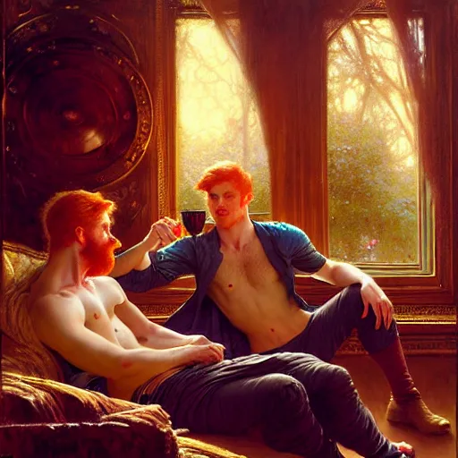 Image similar to attractive male mike with ginger hair and attractive male tyler with brunet hair, drinking their hearts out, in their noble mansion, at night. highly detailed painting by gaston bussiere, craig mullins, donato giancola, j. c. leyendecker 8 k