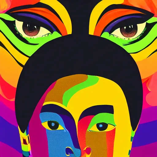 Image similar to closeup portrait of a black woman with yellow eyes and a rainbow background, digital art by tomokazu matsuyama, by ed paschke, behance contest winner, generative art, irridescent, retrowave, grain, androgynous, black background