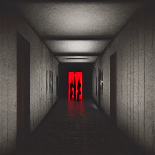 Image similar to photograph of an extremely dark narrow hallway with glowing humanoid monster made out of tv static, dark deep black shadows, red and black color contrast in the style of trevor henderson, liminal space, 3 d octane render, glitch effect