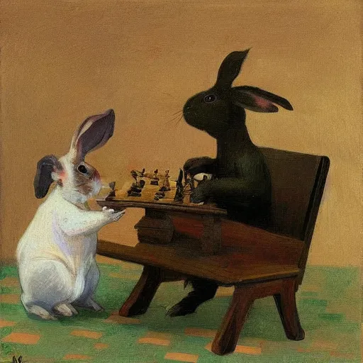 Image similar to a rabbit and a guinea pig playing chess, in the style of ilya repin