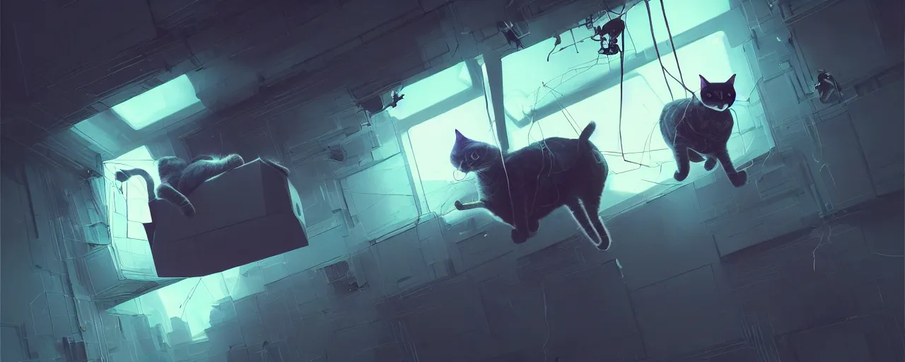 Image similar to duotone noir scifi concept dynamic concept art of 3 d mesh of cat inside box floating zero gravity glowing 3 d mesh portals, glowing eyes, octane render, surreal atmosphere, volumetric lighting. accidental renaissance. by sachin teng and sergey kolesov and ruan jia and heng z. graffiti art, scifi, fantasy, hyper detailed. trending on artstation