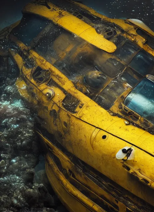 Prompt: a photorealistic dramatic hyperrealistic underwater render of an deep sea submersible, ultra realistic details, glossy yellow, well worn, rust, oil stains by vitaly bulgarov and mike nash, beautiful dramatic dark moody tones and lighting, cinematic atmosphere, global illumination, shadows, dark background, octane render, 8 k