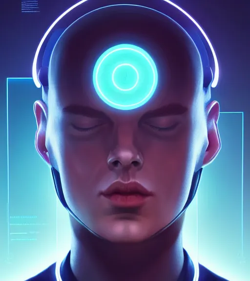 Image similar to symmetry!! caucasian prince of technology, solid cube of light, hard edges, product render retro - futuristic poster scifi, lasers and neon circuits, handsome caucasian prince, intricate, elegant, highly detailed, digital painting, artstation, concept art, smooth, sharp focus, illustration, dreamlike, art by artgerm