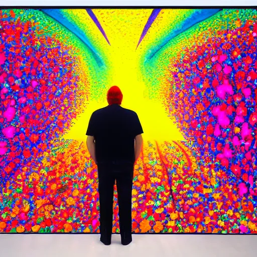 Image similar to a man standing in front of a giant painting, a pop art painting by peter max, behance contest winner, psychedelic art, psychedelic, poster art, made of flowers