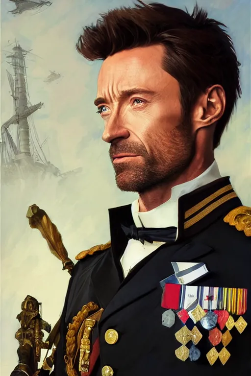 Image similar to Hugh Jackman in a Royal Navy uniform with medals on his jacket, holding a ceremonial sword, highly detailed, digital painting, Trending on artstation , HD quality, by artgerm and greg rutkowski and alphonse mucha, dramatic light, octane