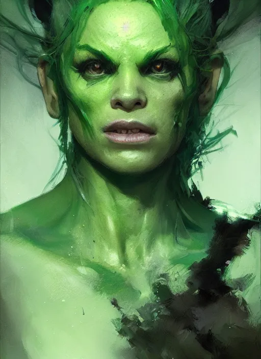 Prompt: green orc female, light green tone beautiful face by jeremy mann, greg rutkowski, noah bradley