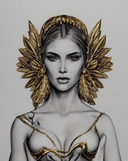 Image similar to tattoo design sketch of hot blonde super model as aphrodite greek goddess wearing a gold laurel wreath and triangle earrings, beautiful piercing gaze with sharp pupils, in the style of greg rutkowski, fantasy, amazing detail, epic, elegant, smooth, sharp focus, front view