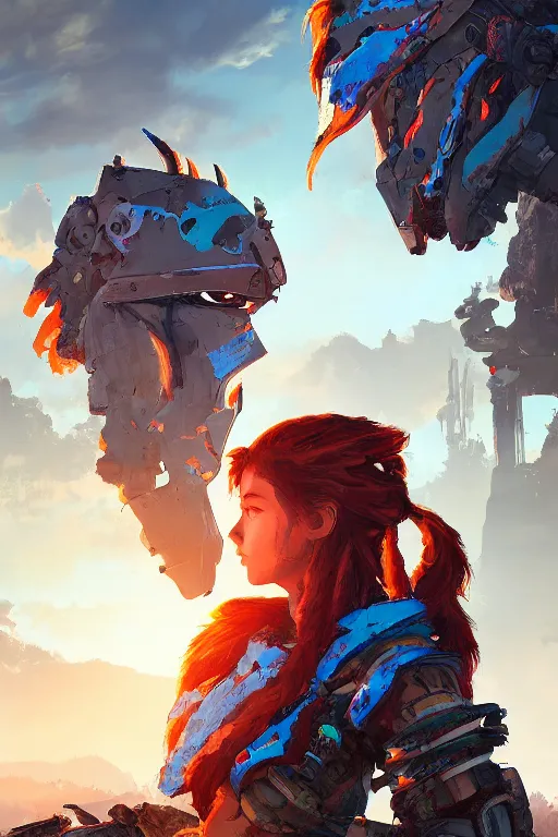 Image similar to combination suit armor aloy horizon forbidden west horizon zero dawn radiating a glowing aura global illumination ray tracing hdr fanart arstation by ian pesty and alena aenami artworks in 4 k tribal robot ninja mask helmet backpack