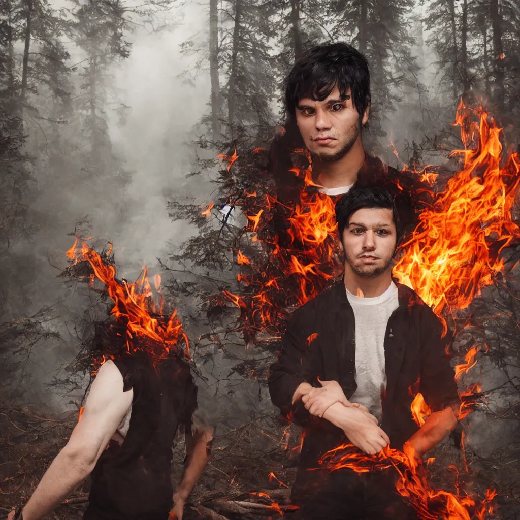 Image similar to portrait of a young man, black hair with white stripe in middle, angry, surrounded by fire in a forest, red cardinal on his shoulder, 4 k,