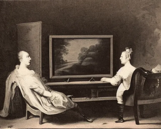 Image similar to 1 7 0 0 s photo of a person watching a flat screen hd tv