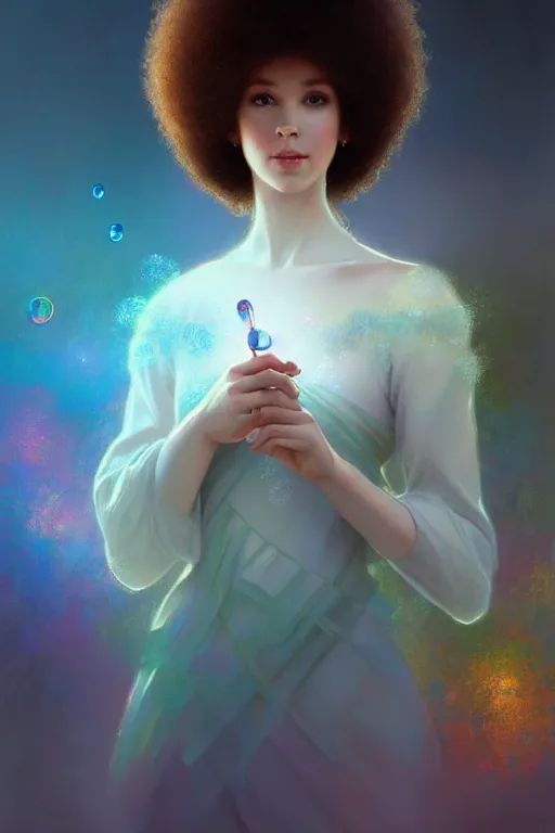 Prompt: bob ross android, dreamy and ethereal,, fantasy, intricate, elegant, rainbow bubbles, highly detailed, digital painting, artstation, concept art, smooth, sharp focus, illustration, art by artgerm and greg rutkowski and alphonse mucha