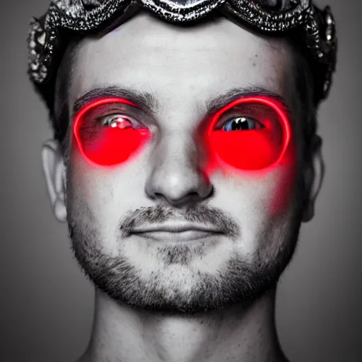 Image similar to man with a crown, smirk, photograph, black background, glowing red eyes, grin