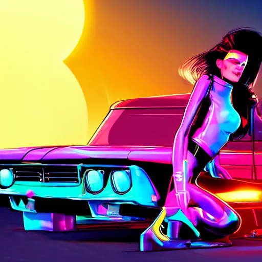 Image similar to synthwave cyberpunk girl wearing latex biker catsuit holding a molotolv sitting on a stack of speakers in the back of a blue 1967 chevy camero, in a neon city in the style of a comic book sunset city