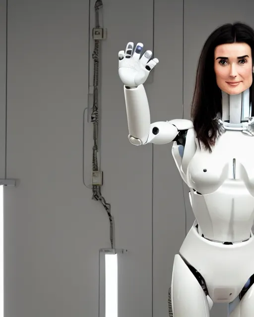 Image similar to portrait of blissful young demi moore as a solarpunk mecha humanoid robotic parts with bright led lights, real human face, pudica pose gesture, by michelangelo, in white room, ultra - realistic and intricate, soft focus 8 k