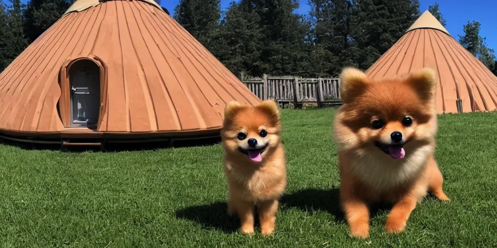 Prompt: tan pomeranian in front of a yurt