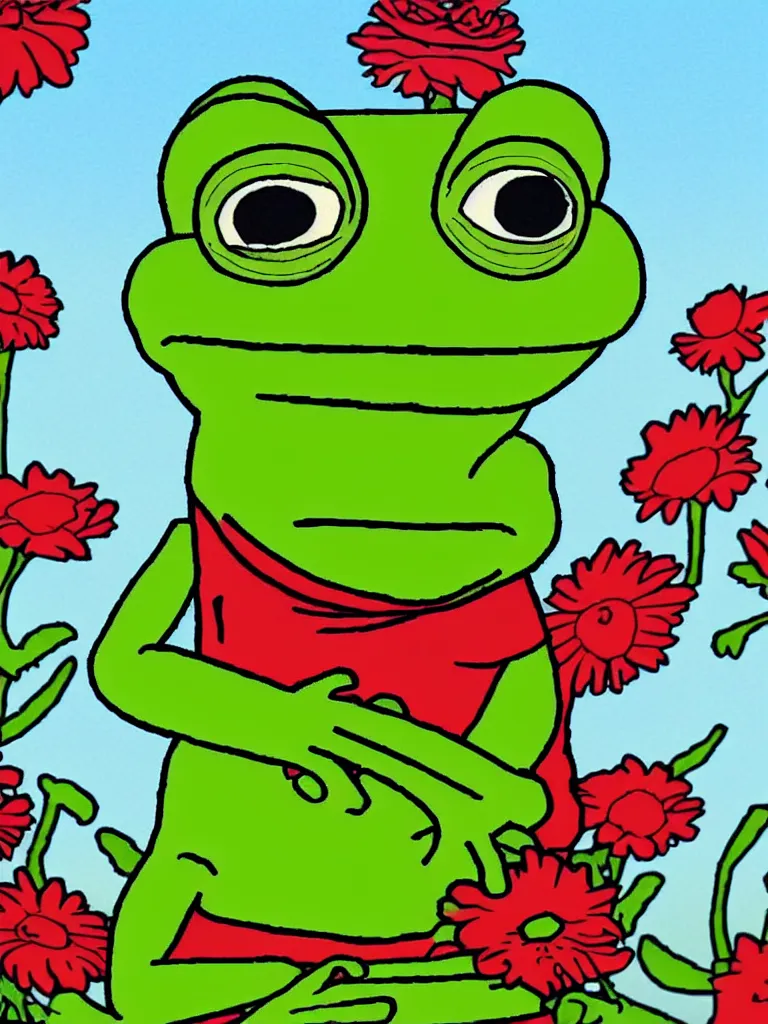 Prompt: resolution 4k hyper realistic film reel of pepe the frog red dead redemption 2 wandering army of pepe the frog a field of flowers a sunny day wholesome soft and warm picnic of breads and fruit sitting on a blanket pepe the frog. the sky is blue and filled with gods love the third rike will rise again hail pepe , rainbows of sweet angels art in the style of Tony DiTerlizzi , and Akihito Tsukushi