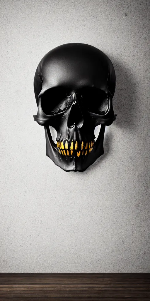 Image similar to a matte black skull that is split in half and has liquid gold paint dripping over it, with an art deco boarder, high quality, photo realistic, studio lighting