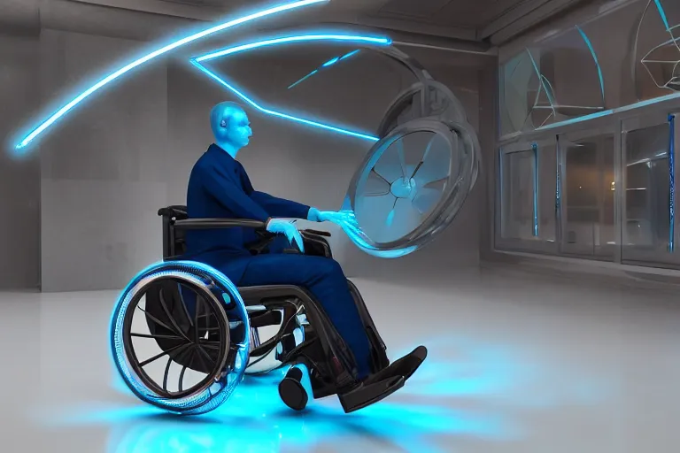 Image similar to man on a futuristic wheelchair, blue neon wheels, beautiful lighting, post processing, ultra realistic details, hyper real, unreal engine 5, octane render