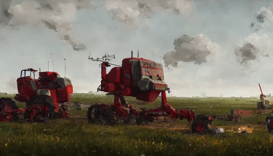 Image similar to a beautiful swedish farm with giant robots, art by jakub rozalski and simon stalenhag, realistic, hyperrealism 8 k resolution