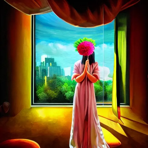 Image similar to giant flower under head, woman next to modern windows, luxury apartment, surreal photography, dramatic light, impressionist painting, digital painting, artstation, arthur adams