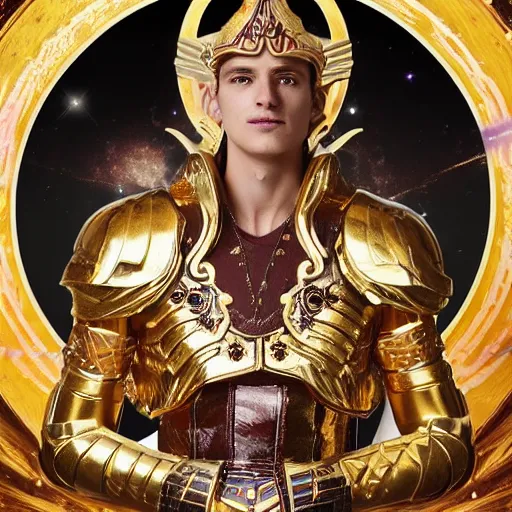 Image similar to A radiant, extreme long shot, photo of a 27-year-old Caucasian male wearing the Gemini Gold Armor, Beautiful gold Saint, Jaw-Dropping Beauty, gracious, aesthetically pleasing, dramatic eyes, intense stare, immense cosmic aura, from Knights of the Zodiac Saint Seiya, inside the Old Temple of Athena Greece,4k high resolution, exquisite art, art-gem, dramatic representation, hyper-realistic, atmospheric scene, cinematic, trending on ArtStation, Pinterest and Shutterstock, photoshopped, deep depth of field, intricate detail, finely detailed, small details, extra detail, ultra detailed, attention to detail, detailed picture, symmetrical, octane render, arnold render, unreal engine 5, high resolution, 3D, PBR, path tracing, volumetric lighting, golden hour, 8k, Photoshopped, Award Winning Photo, groundbreaking, Deep depth of field, f/22, 35mm, make all elements sharp, at golden hour, Light Academia aesthetic, Socialist realism, by Annie Leibovitz