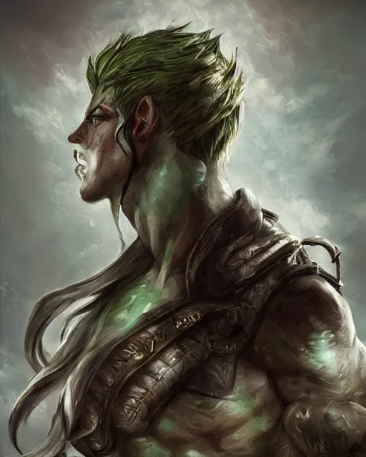 Prompt: portrait of a male warrior, fierce, masculine, ross tran, muted colors, green - eyes!!!!!!!!!!!!!!, highly detailed sculpture, intricate detailed, ommatidia, 8 k, cinematic atmosphere