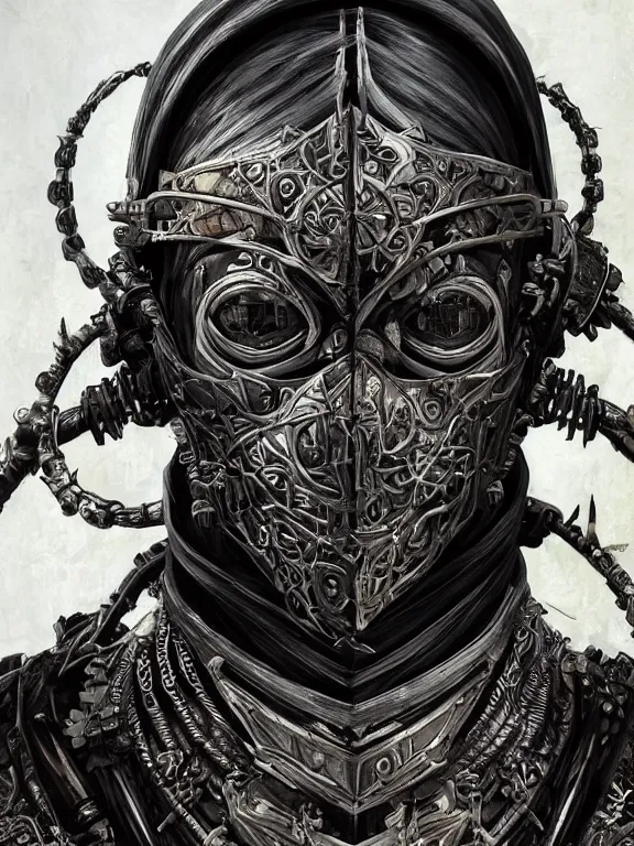 Image similar to portrait art of 8k ultra realistic undead ninja,intricate black mask, detailed intricate ornate armour,decaying, cybernetic, full of colour, cinematic lighting, battered, trending on artstation, 4k, hyperrealistic, focused, extreme details,unreal engine 5, cinematic, masterpiece, art by ayami kojima, giger