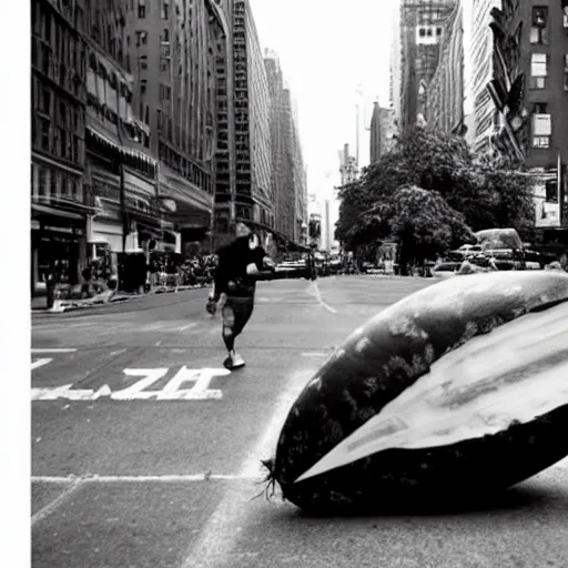 Prompt: Photo of a giant watermelon falling onto the streets of New York City makes everyone panic, surrounding buildings are destroyed, chaos is visible, color photo is not black and white