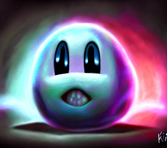 Image similar to photorealistic kirby digital painting art, realistic texture and lights, twisted world, scary