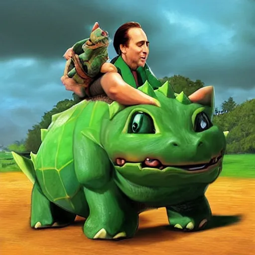 Prompt: Nicholas Cage riding a bulbasaur into battle, photograph