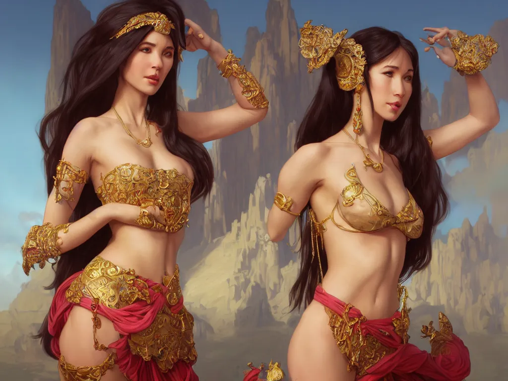 Image similar to wide angle full body portrait of I Dream of Jeannie, with a perfect face and perfect body, thin waist, pierced navel, intricate, single face, highly detailed, digital painting, artstation, concept art, smooth, sharp focus, illustration, Unreal Engine 5, 8K, art by artgerm and greg rutkowski and alphonse mucha