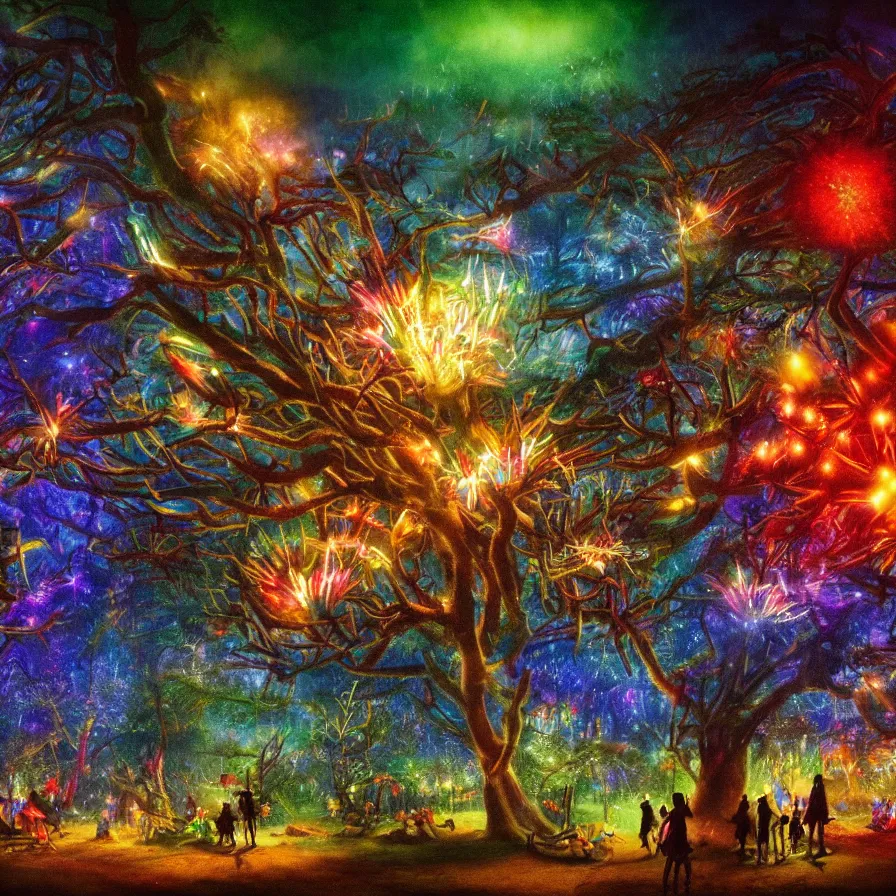 Image similar to closeup of a night carnival inside a tree cavity in a magical forest in the middle of a summer storm, with a music scenario with many fireworks and christmas lights, volumetric lightning, instense god rays in the sky, folklore people disguised with fantastic creatures in a magical forest by summer night, masterpiece painted by koson ohara, very coherent and colorful high contrast masterpiece,