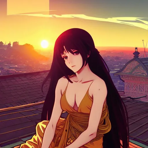 Image similar to digital anime art in the style of netflix arcane, beautiful gorgeous female shinobi sitting on an old oriental roof at sunset, wlop, alphonse mucha, greg rutkowski, ilya kuvshinov, backlit