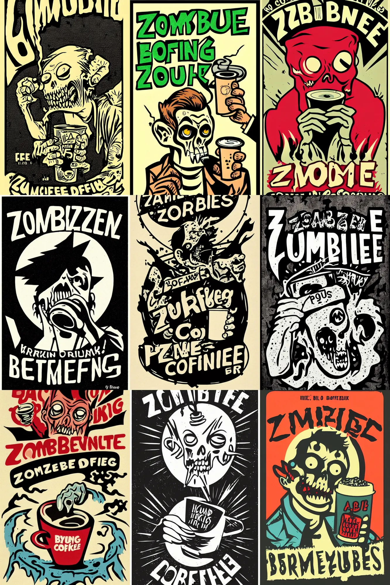 Image similar to zombie drinking coffee logo, take away coffee, by mcbess, full colour print, vintage colours, lightning bolts, 1950s