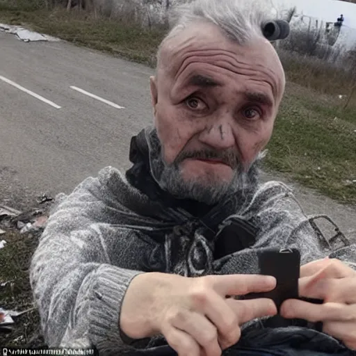 Image similar to last selfie of last alive ukrainian very damaged after a nuclear strike, a nuclear explosions in the background, 2 0 2 2