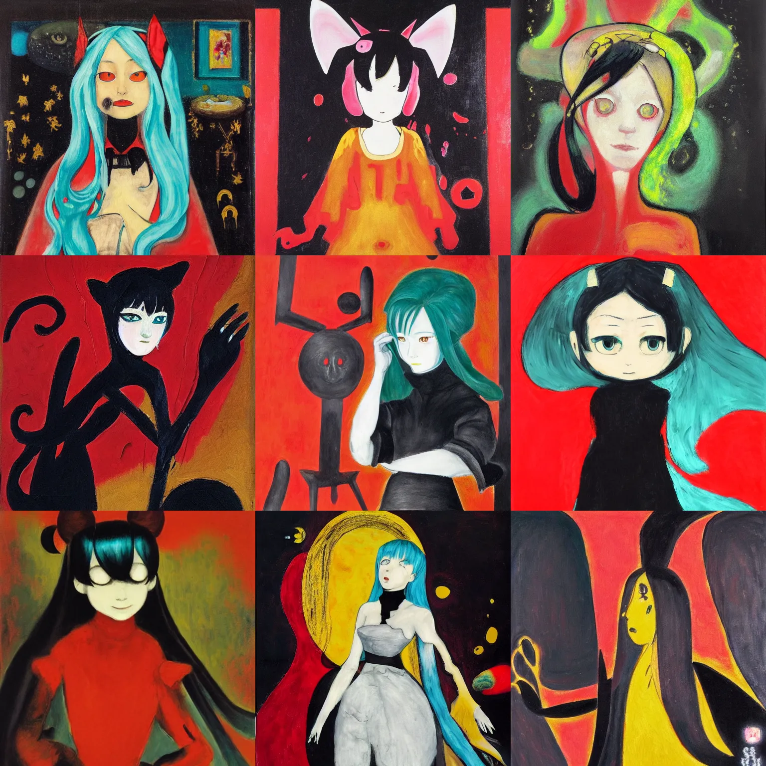 Prompt: A very soft and dark haunting oil painting portait of Hatsune Miku in a black golden wedidng dress, scarlet background, by Oskar Kokoschka and Joan Miro and Antonio Saura, ethereal, evil presence, haunted painting, Tachisme, realism, realstic lighting