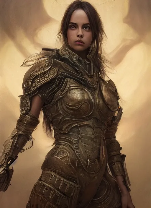 Prompt: a professional portrait of a beautiful young female, clothed in ethereal battle armor, olive skin, long dark hair, beautiful bone structure, symmetrical facial features, intricate, elegant, digital painting, concept art, smooth, sharp focus, finely detailed, illustration, from Valerian and the City of a Thousand Planets, in the style of Ruan Jia and Mandy Jurgens and Artgerm and Greg Rutkowski and William-Adolphe Bouguerea