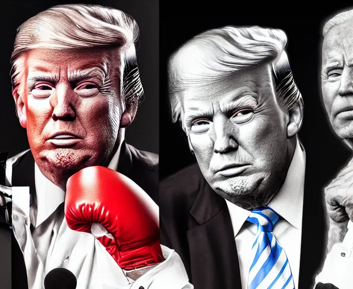 Image similar to hyper detailed ultra sharp full body character portrait of donald trump in a boxing match with joe biden, cinematic lighting, good value control, league of legends splash art, photorealistic eyes, smooth, realistic shading, enhance face, painted texture maps,