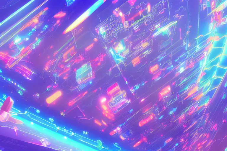 Prompt: A digital dreamscape, beautiful ultradetailed anime illustration of flying into the virtual internet cyberspace, entrance into the digital universe, aerial shot, vibrant neon colors, studio ghibli, by beeple, makoto shinkai, and thomas kinkade, anime art wallpaper 4k, trending on artstation, daily deviation